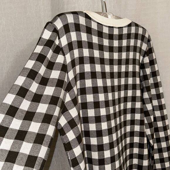 Talbots L Ivory Camo Olive Green Gingham Plaid Knit Shirt Hem Crew Sweater - Picture 6 of 11